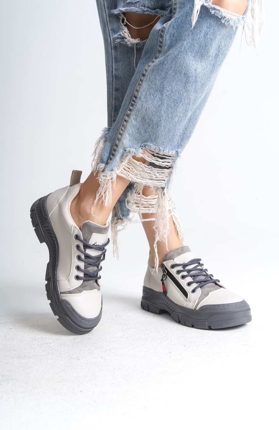 AGATHA Bağcıklı Fermuarlı Ortopedik Taban Kadın Sneaker Spor Ayakkabı CGT - Krem