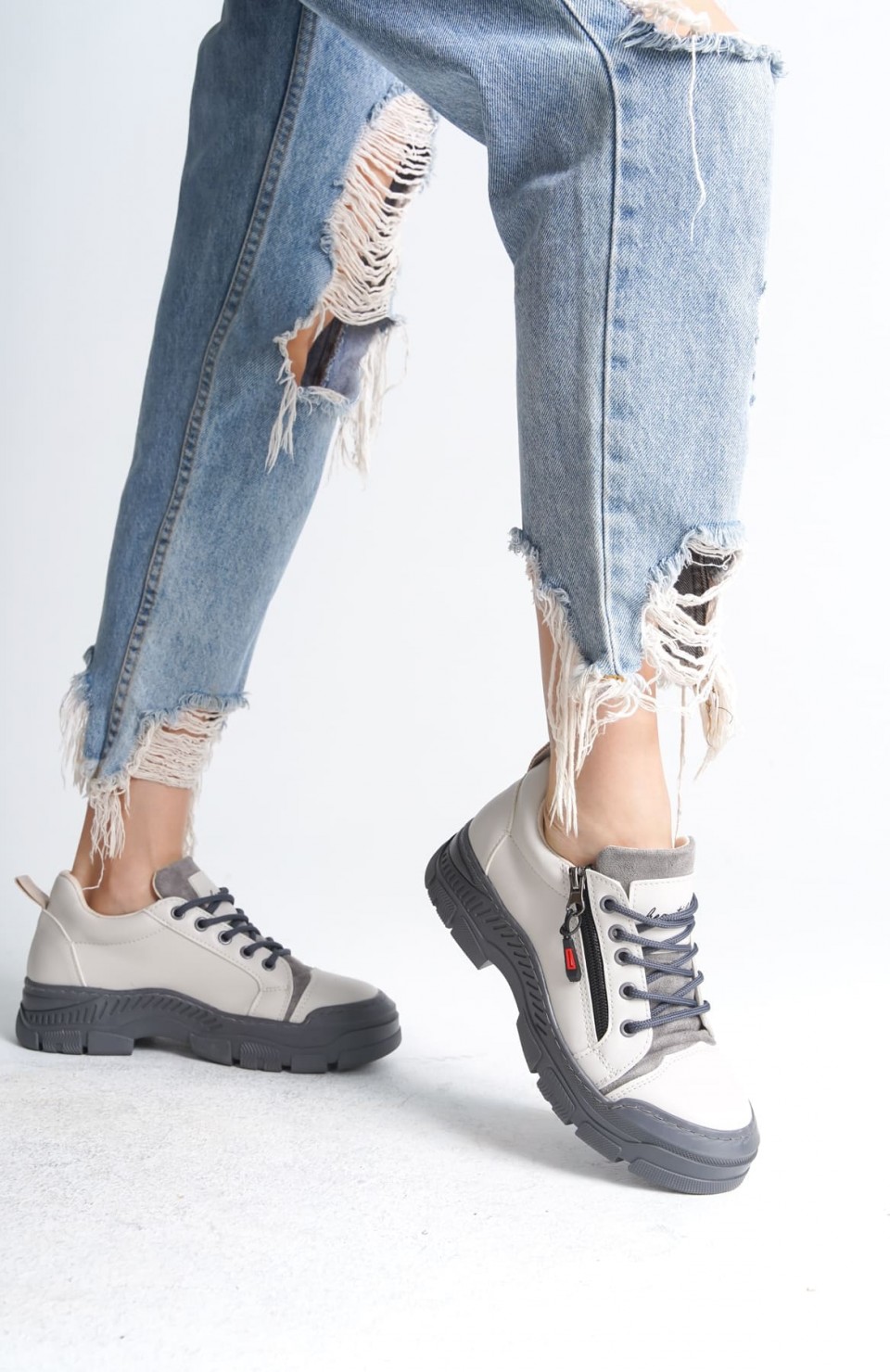 AGATHA Bağcıklı Fermuarlı Ortopedik Taban Kadın Sneaker Spor Ayakkabı CGT - Krem