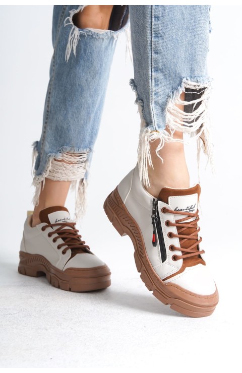 AGATHA Bağcıklı Fermuarlı Ortopedik Taban Kadın Sneaker Spor Ayakkabı  CTT - Krem