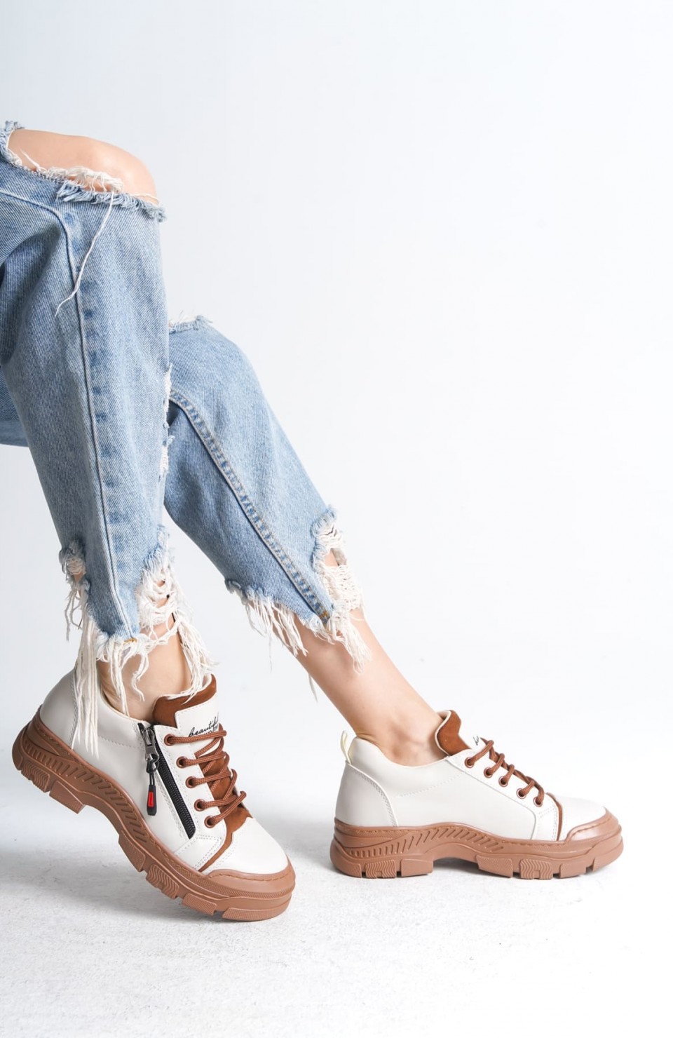 AGATHA Bağcıklı Fermuarlı Ortopedik Taban Kadın Sneaker Spor Ayakkabı  CTT - Krem