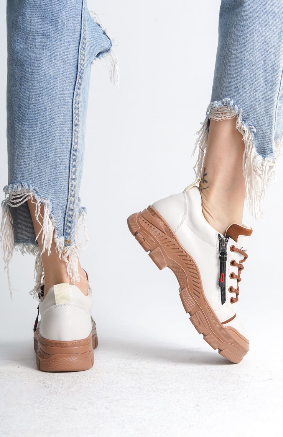 AGATHA Bağcıklı Fermuarlı Ortopedik Taban Kadın Sneaker Spor Ayakkabı  CTT - Krem