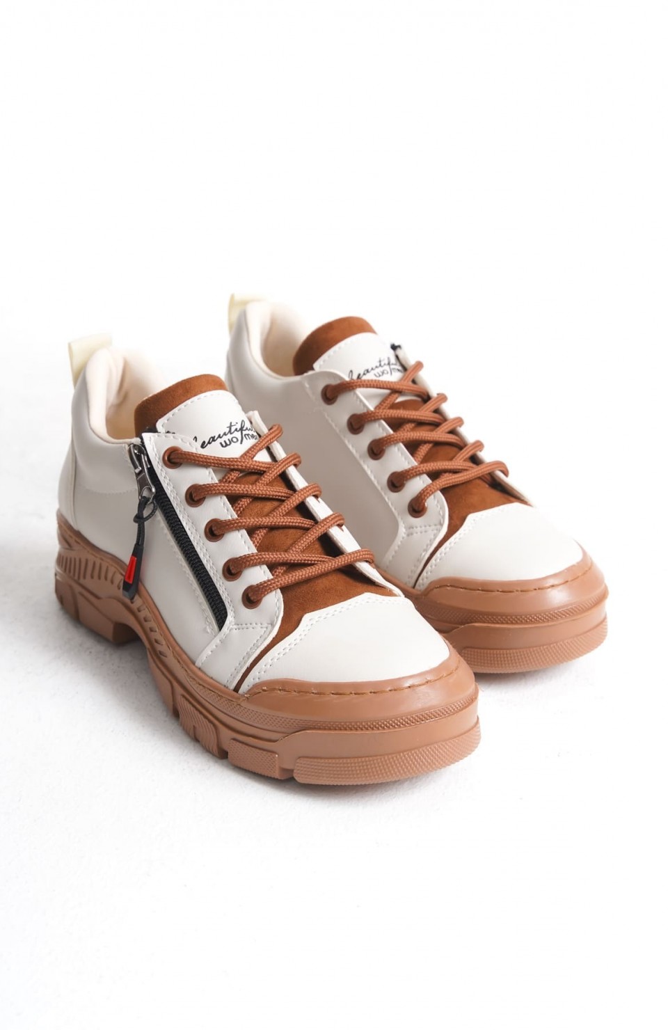 AGATHA Bağcıklı Fermuarlı Ortopedik Taban Kadın Sneaker Spor Ayakkabı  CTT - Krem