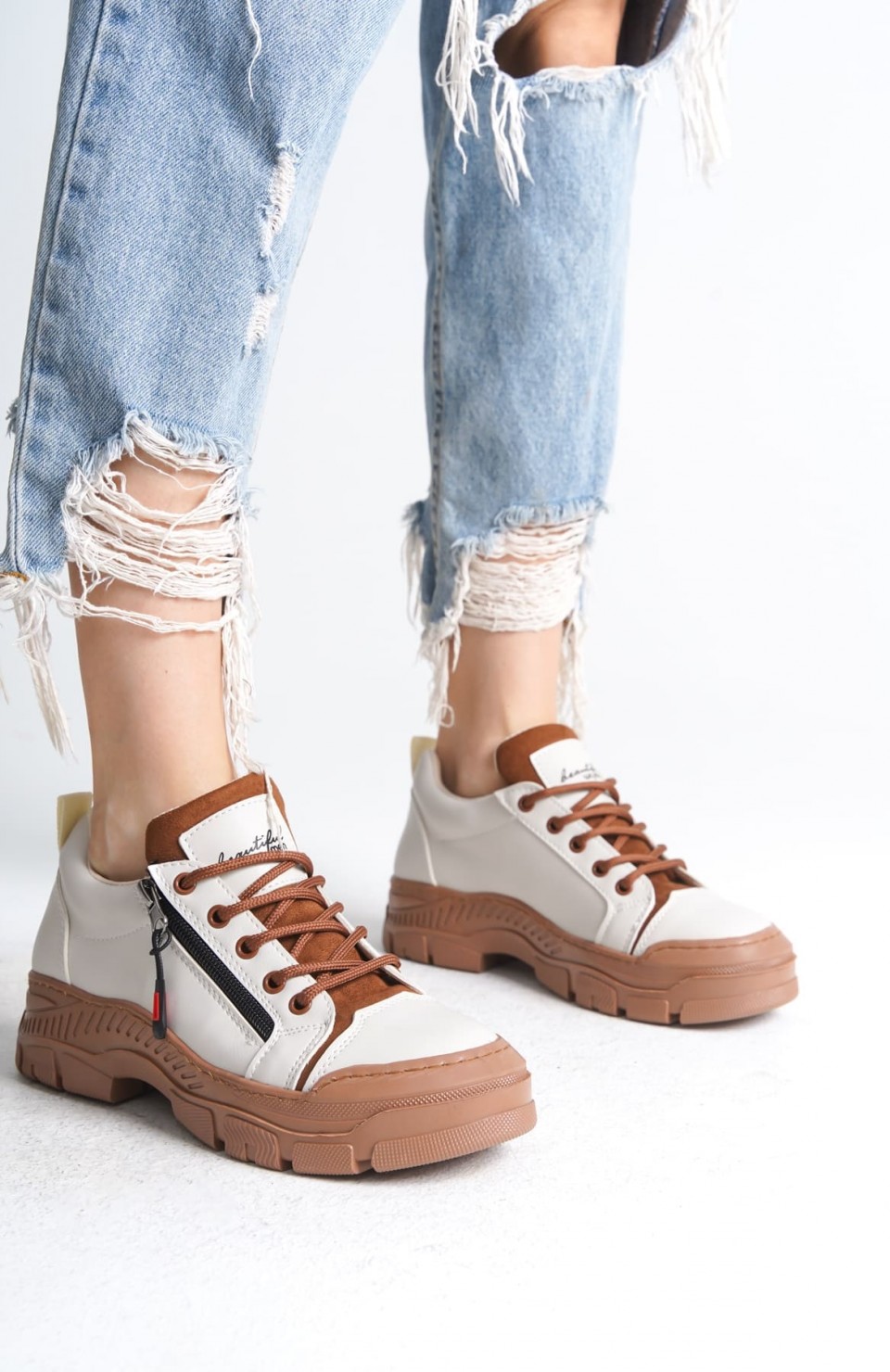 AGATHA Bağcıklı Fermuarlı Ortopedik Taban Kadın Sneaker Spor Ayakkabı  CTT - Krem