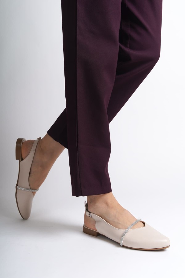 ALLISON Tokalı Ortopedik Rahat Taban Taş Detaylı Kadın Babet Ayakkabı  CKT - Krem