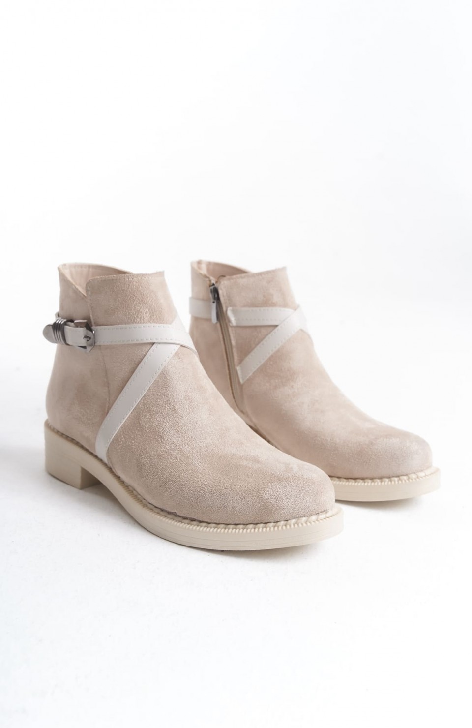 ALMILA Fermuarlı Lastikli Ortopedik Taban Topuklu Süet Kadın Bot  STT - Ten
