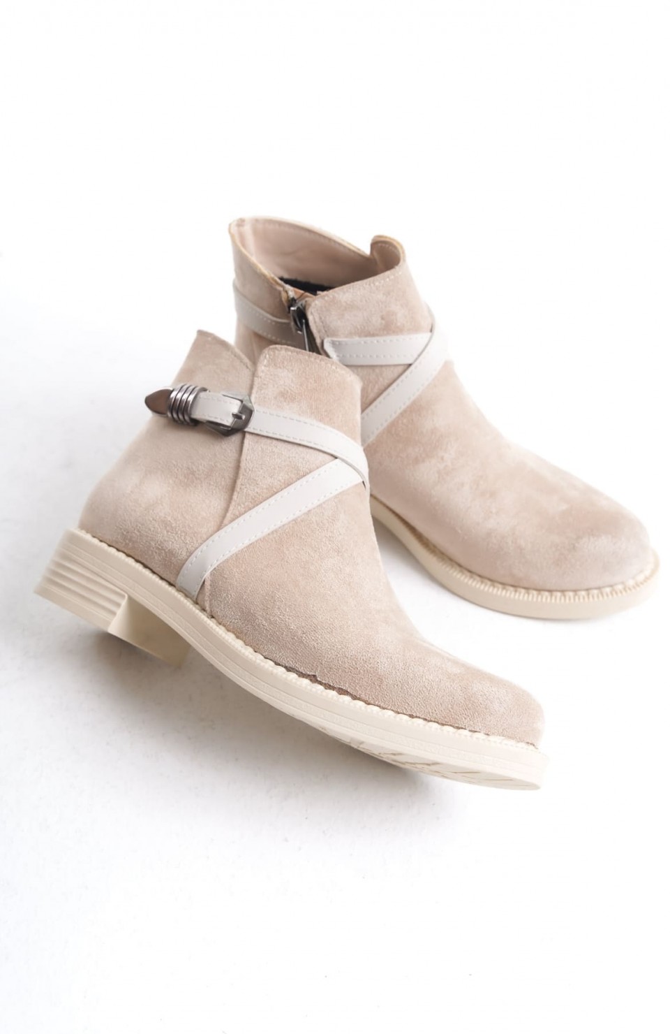 ALMILA Fermuarlı Lastikli Ortopedik Taban Topuklu Süet Kadın Bot  STT - Ten