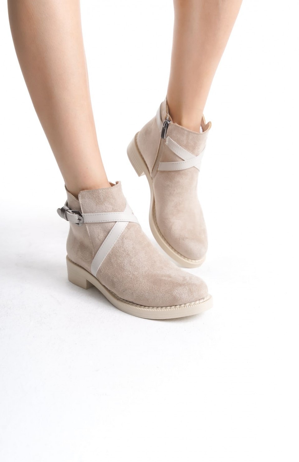 ALMILA Fermuarlı Lastikli Ortopedik Taban Topuklu Süet Kadın Bot  STT - Ten