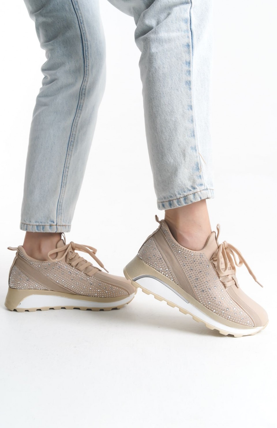 ALYA Bağcıklı Ortopedik Taban Taşlı Kadın Sneaker Spor Ayakkabı CBT - Krem