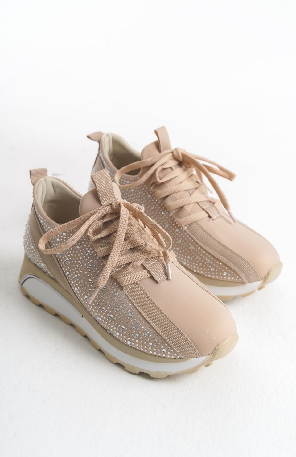 ALYA Bağcıklı Ortopedik Taban Taşlı Kadın Sneaker Spor Ayakkabı CBT - Krem