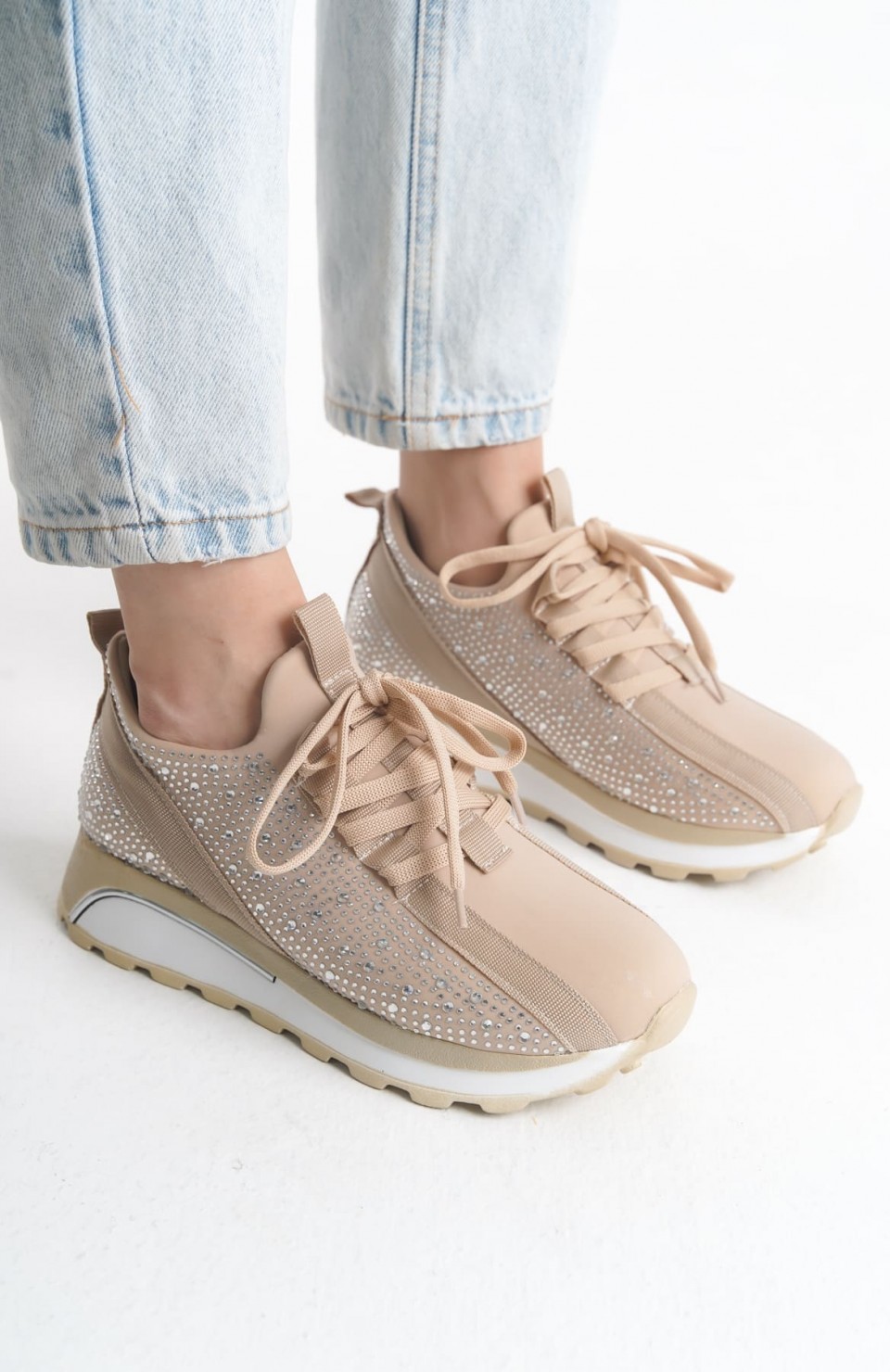 ALYA Bağcıklı Ortopedik Taban Taşlı Kadın Sneaker Spor Ayakkabı CBT - Krem