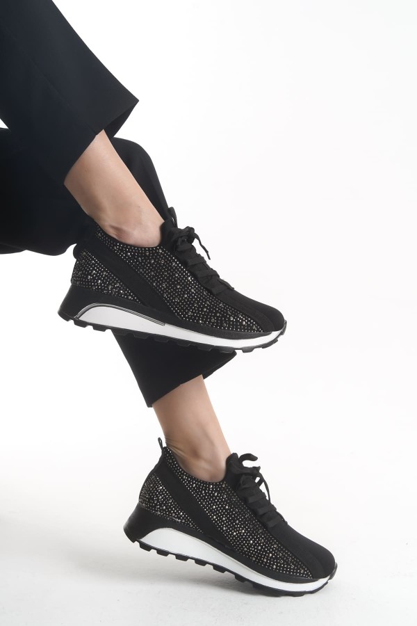 ALYA Bağcıklı Ortopedik Taban Taşlı Kadın Sneaker Spor Ayakkabı CBT - Siyah