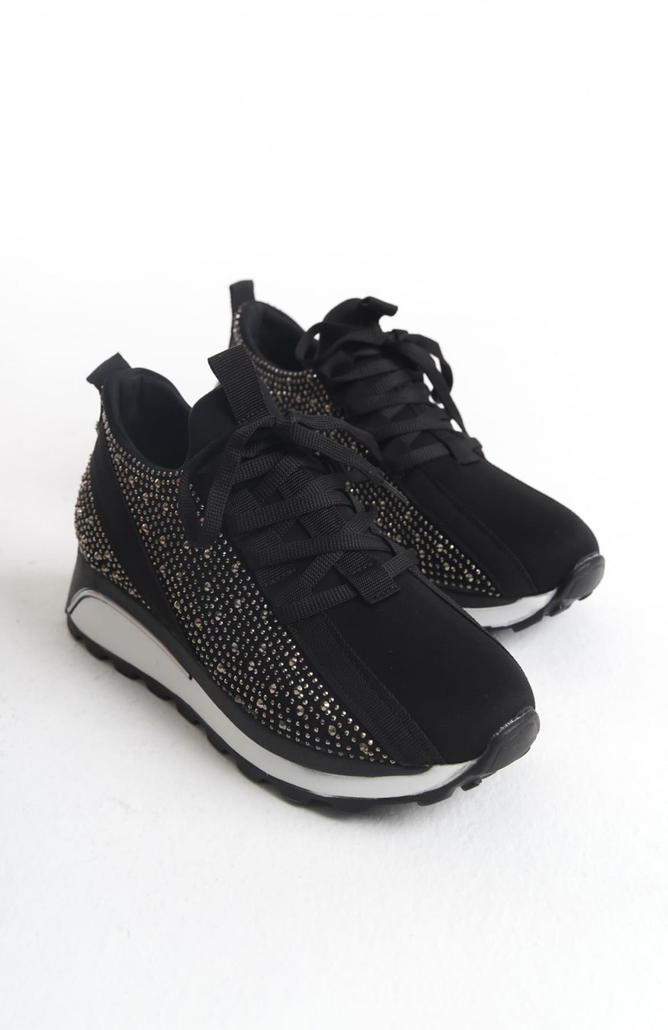 ALYA Bağcıklı Ortopedik Taban Taşlı Kadın Sneaker Spor Ayakkabı CBT - Siyah