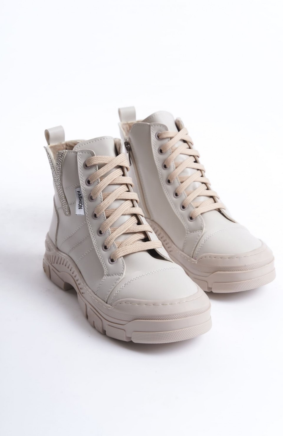 AMBER Bağcıklı Fermuarlı Ortopedik Taban Kadın Bot  CKT - Krem