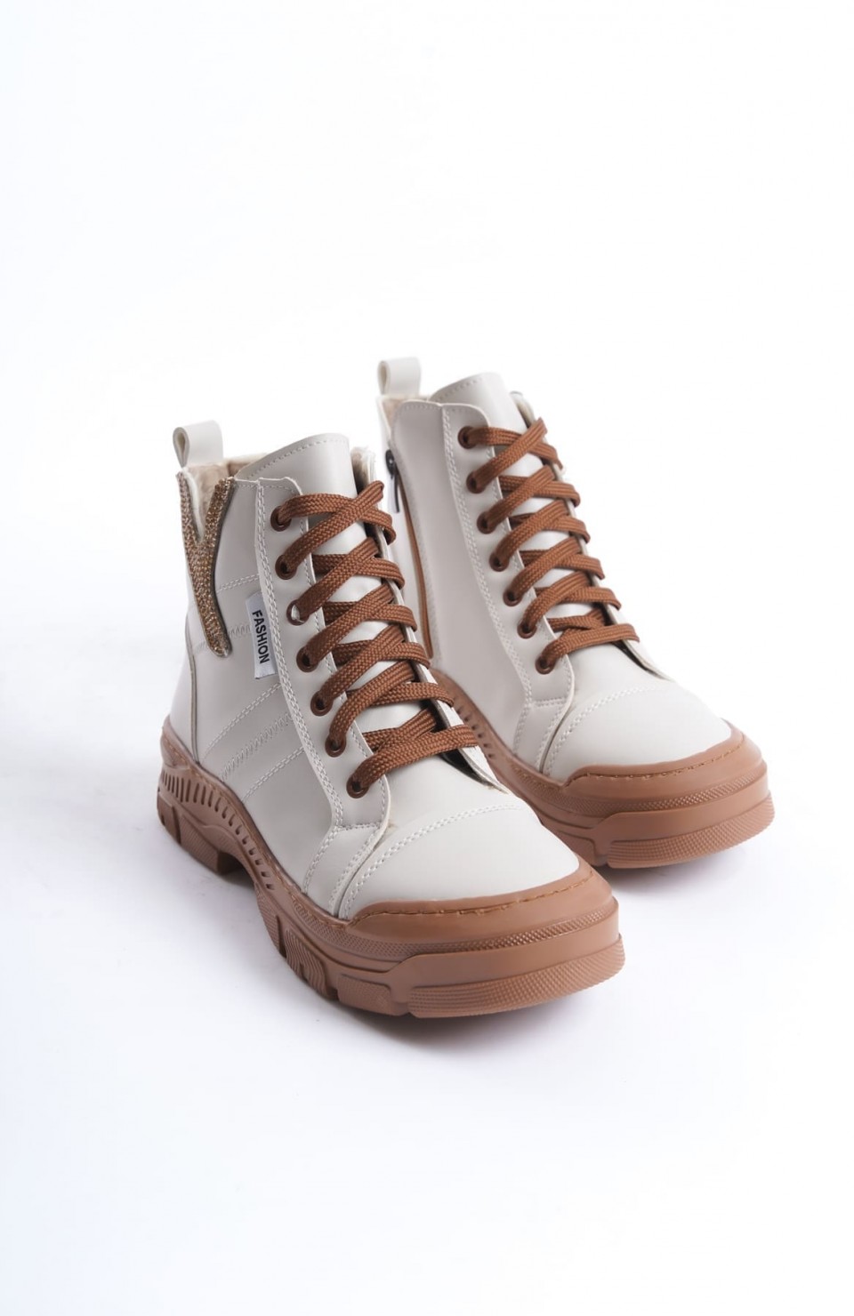 AMBER Bağcıklı Fermuarlı Ortopedik Taban Kadın Bot  CTT - Krem