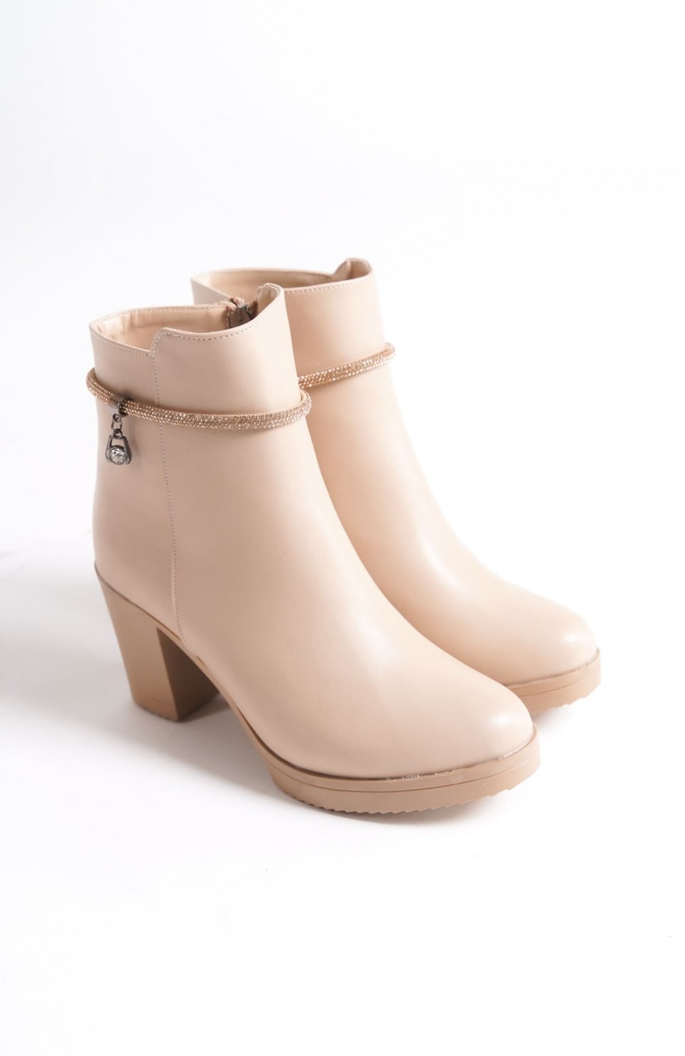 ARIA Fermuarlı Ortopedik Taban Taşlı Topuklu Kadın Bot CTT - Ten