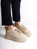 BRIANNA Bağcıklı Ortopedik Taban Renkli Taş Dekorlu Kadın Sneaker Spor Ayakkabı  CKT - Krem/Altın