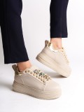 BRIANNA Bağcıklı Ortopedik Taban Renkli Taş Dekorlu Kadın Sneaker Spor Ayakkabı  CKT - Krem/Altın