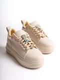 BRIANNA Bağcıklı Ortopedik Taban Renkli Taş Dekorlu Kadın Sneaker Spor Ayakkabı  CKT - Krem/Altın