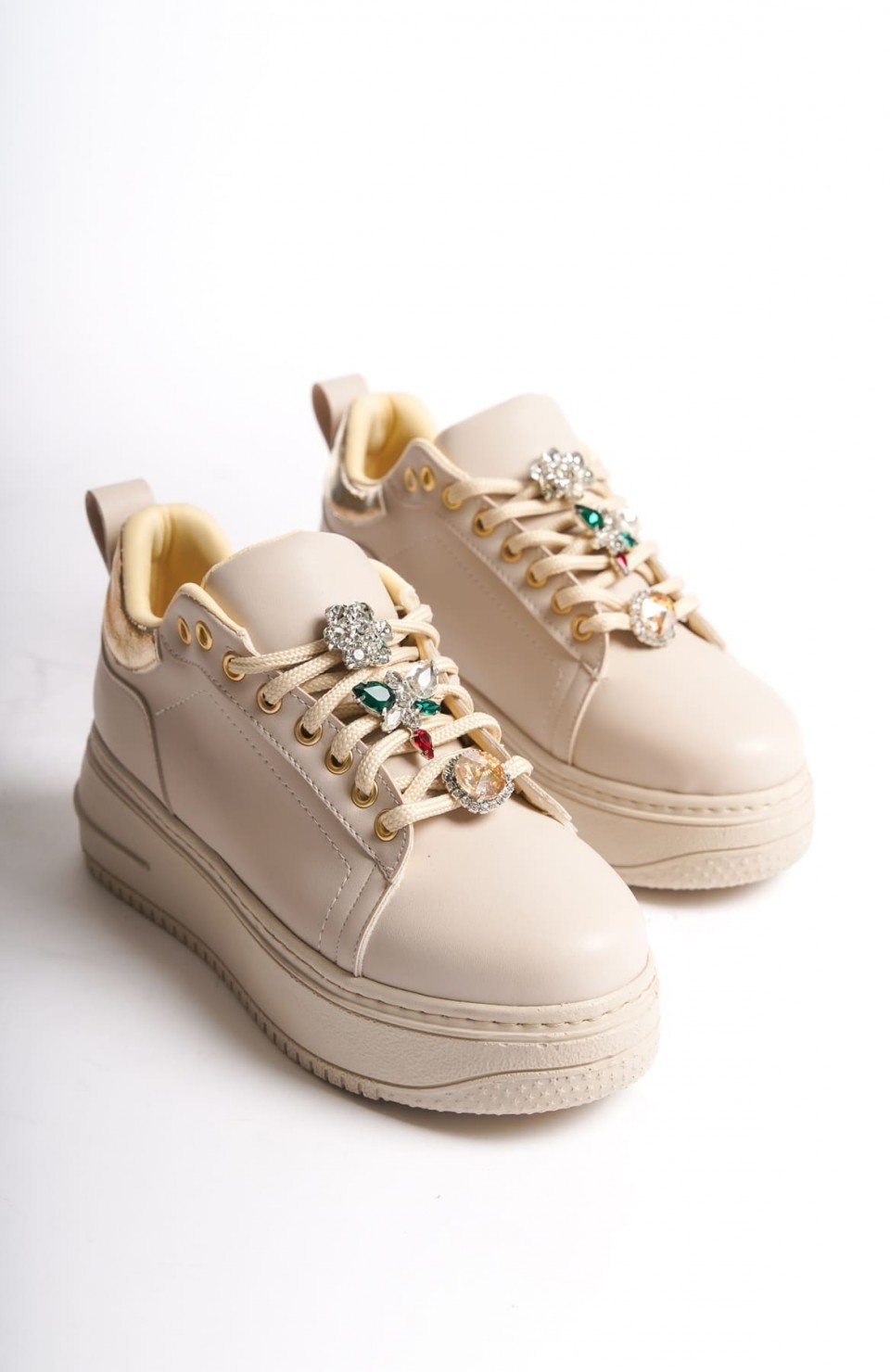 BRIANNA Bağcıklı Ortopedik Taban Renkli Taş Dekorlu Kadın Sneaker Spor Ayakkabı  CKT - Krem/Altın