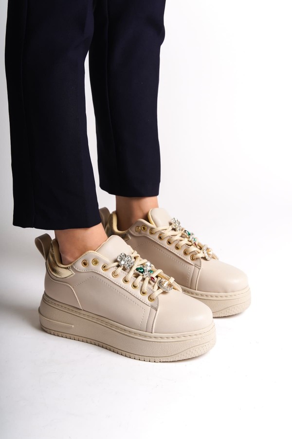 BRIANNA Bağcıklı Ortopedik Taban Renkli Taş Dekorlu Kadın Sneaker Spor Ayakkabı  CKT - Krem/Altın