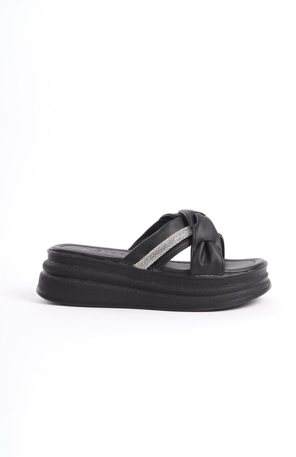 CLARA Düz Topuklu Kurdele Desenli Taşlı Kalın ve Ortopedik Taban Kadın Terlik  CST - Siyah