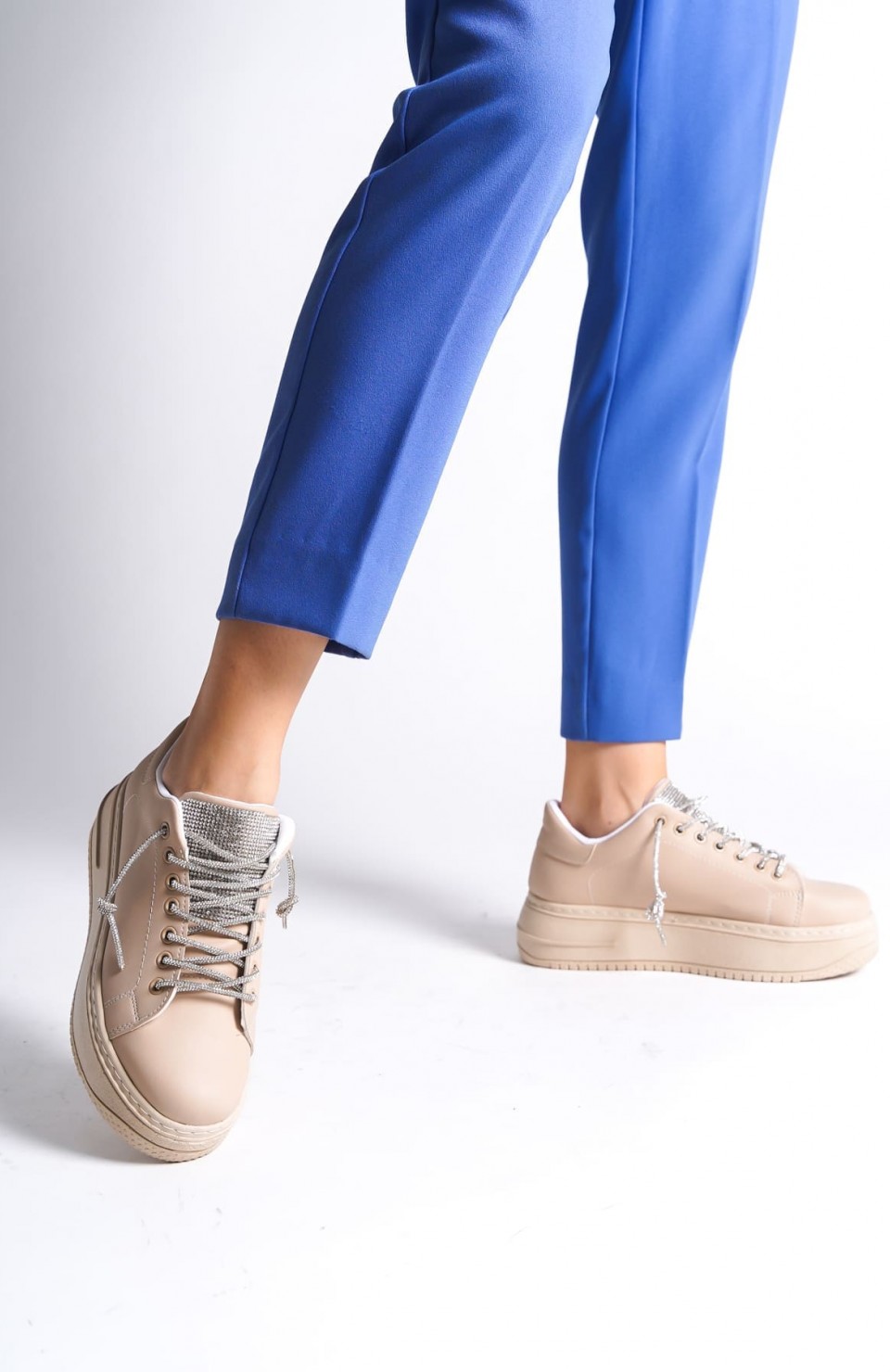 DELLA Bağcıklı Ortopedik Taban Taşlı Kadın Sneaker Spor Ayakkabı CTT - Ten