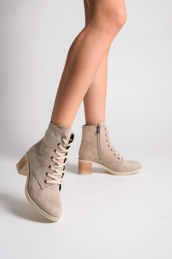 DIANA Bağcıklı Fermuarlı Ortopedik Taban Topuklu Süet Kadın Bot STT - Ten