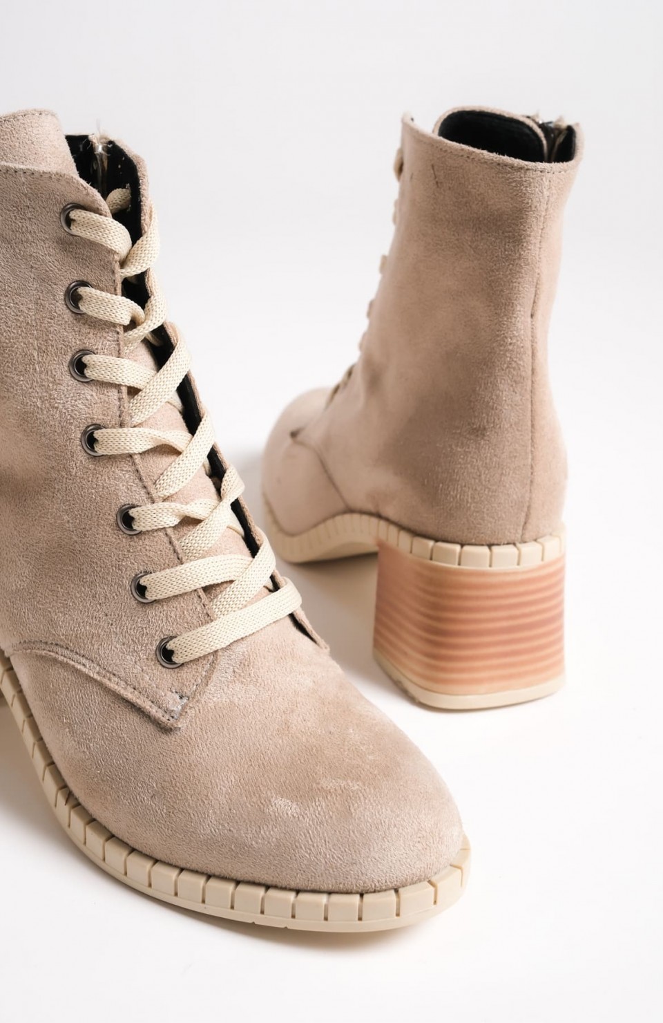 DIANA Bağcıklı Fermuarlı Ortopedik Taban Topuklu Süet Kadın Bot STT - Ten