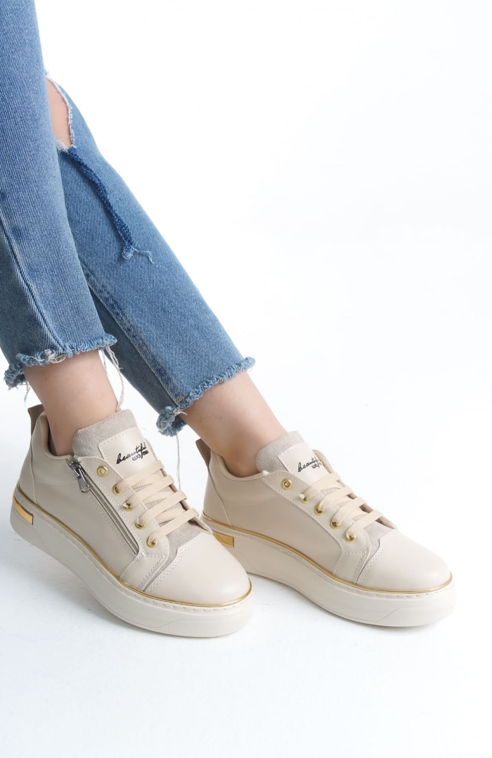 DINA Bağcıklı Fermuarlı Ortopedik Taban Kadın Sneaker Spor Ayakkabı  CKT - Krem/Altın