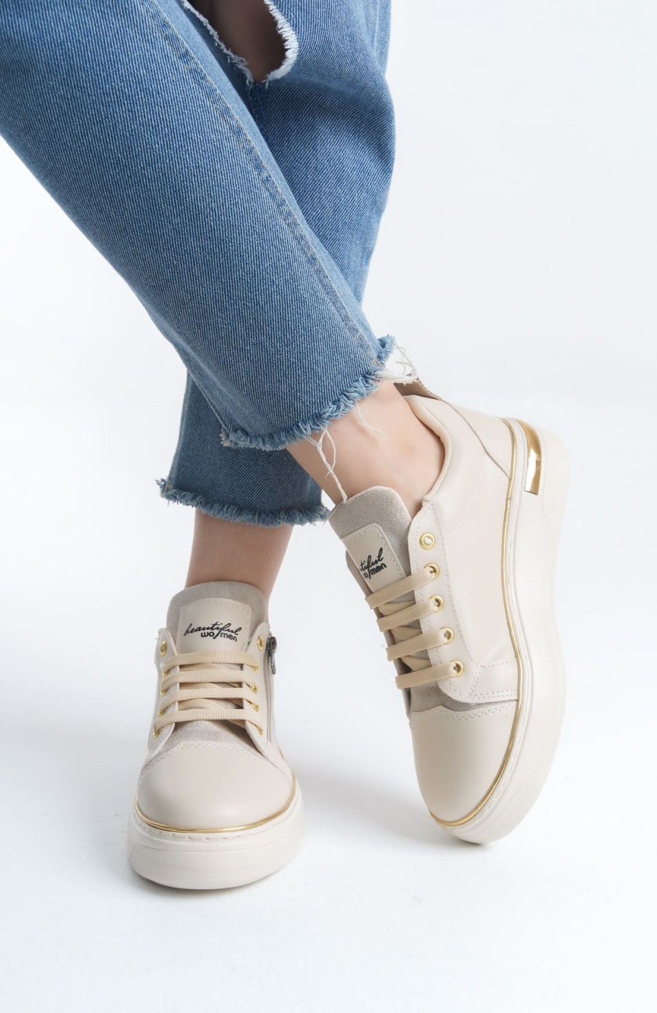 DINA Bağcıklı Fermuarlı Ortopedik Taban Kadın Sneaker Spor Ayakkabı  CKT - Krem/Altın