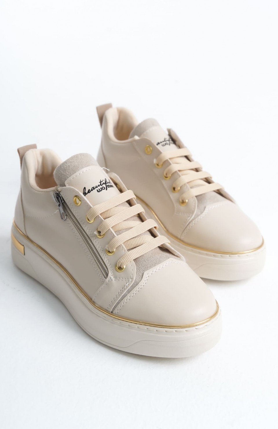 DINA Bağcıklı Fermuarlı Ortopedik Taban Kadın Sneaker Spor Ayakkabı  CKT - Krem/Altın