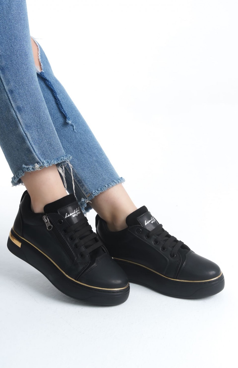 DINA Bağcıklı Fermuarlı Ortopedik Taban Kadın Sneaker Spor Ayakkabı  CST - Siyah/Altın