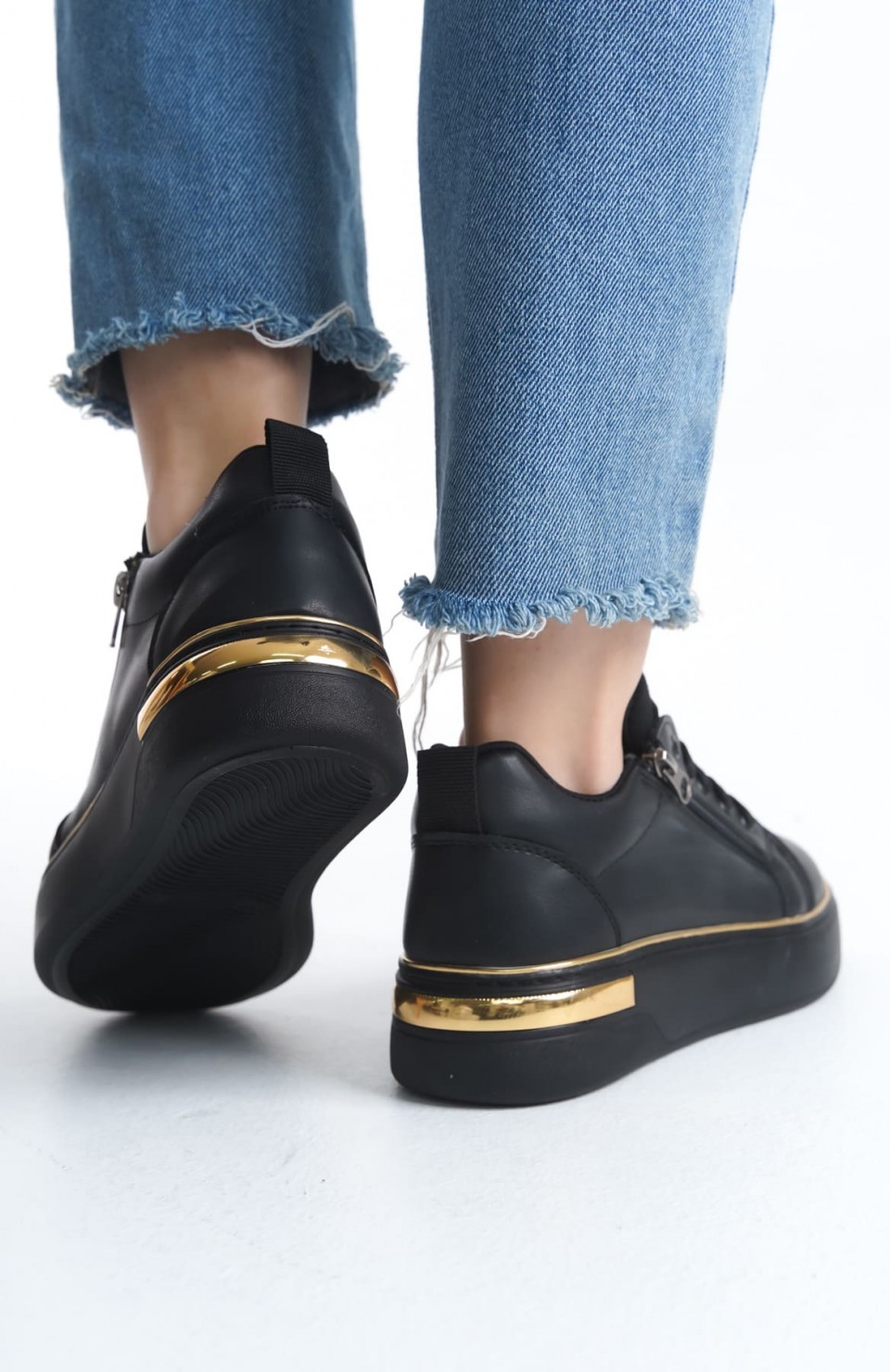 DINA Bağcıklı Fermuarlı Ortopedik Taban Kadın Sneaker Spor Ayakkabı  CST - Siyah/Altın