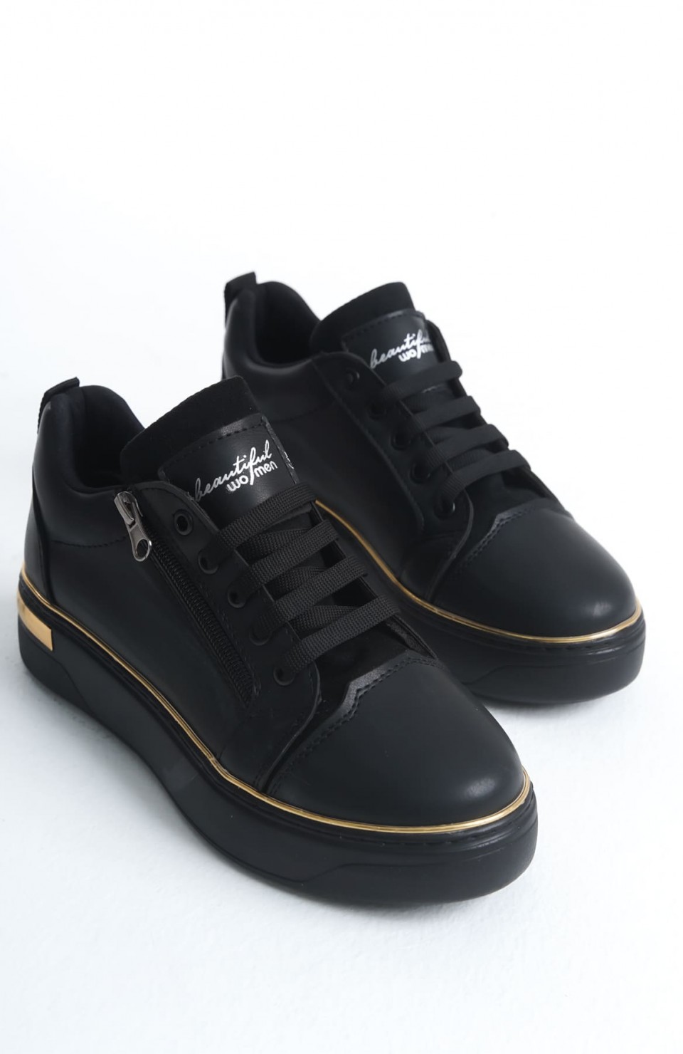 DINA Bağcıklı Fermuarlı Ortopedik Taban Kadın Sneaker Spor Ayakkabı  CST - Siyah/Altın