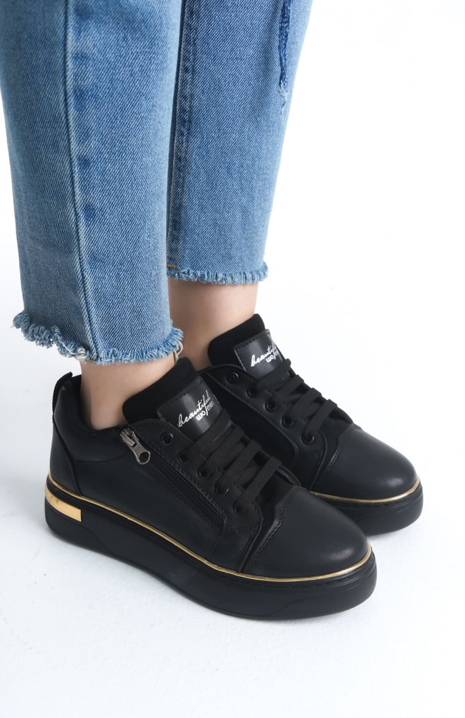 DINA Bağcıklı Fermuarlı Ortopedik Taban Kadın Sneaker Spor Ayakkabı  CST - Siyah/Altın