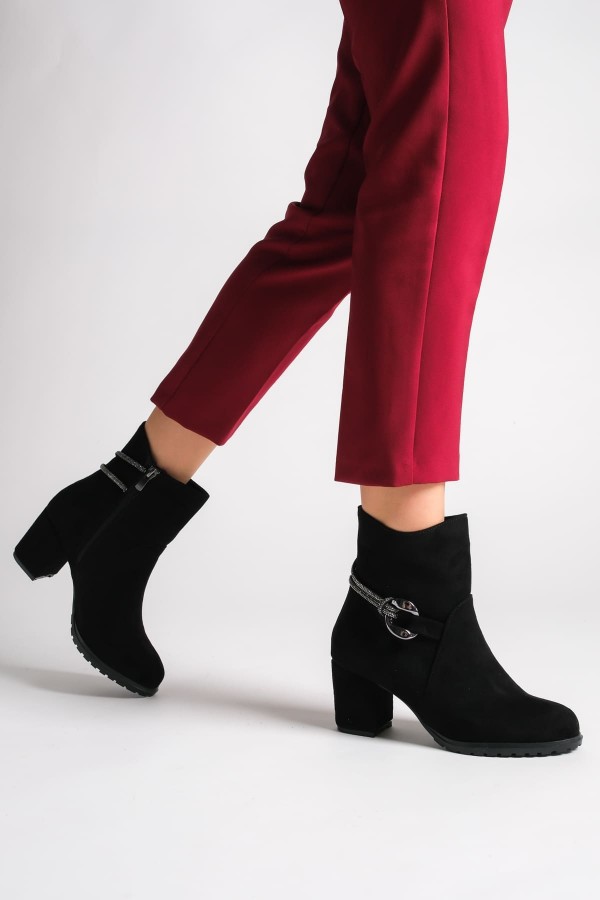 EDNA Fermuarlı Ortopedik Taban Taşlı Topuklu Süet Kadın Bot SST - Siyah