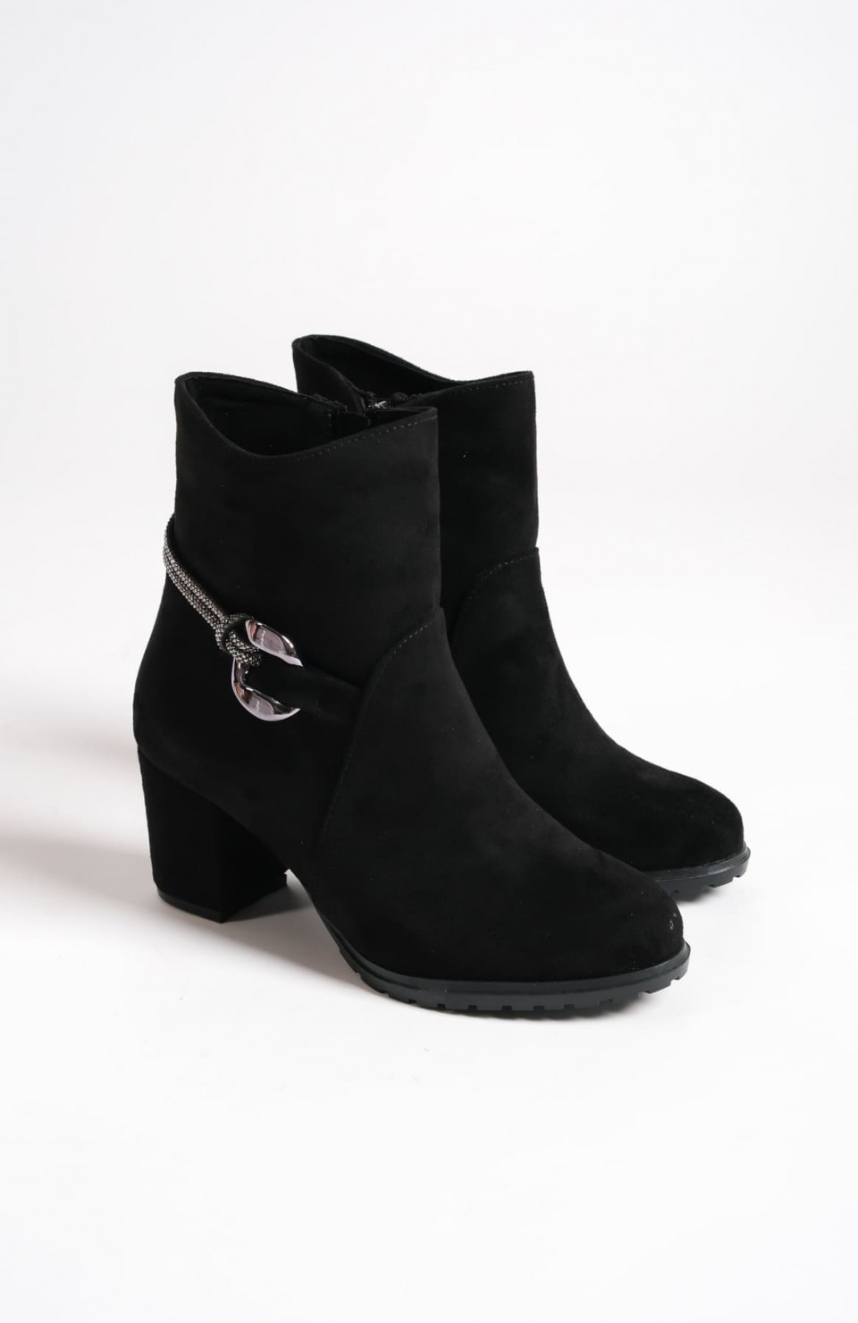 EDNA Fermuarlı Ortopedik Taban Taşlı Topuklu Süet Kadın Bot SST - Siyah