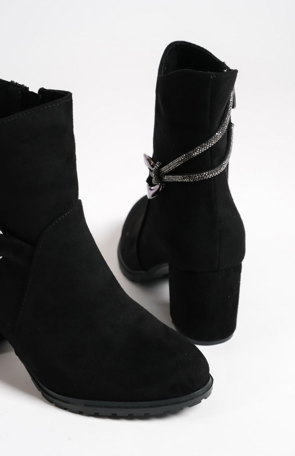 EDNA Fermuarlı Ortopedik Taban Taşlı Topuklu Süet Kadın Bot SST - Siyah