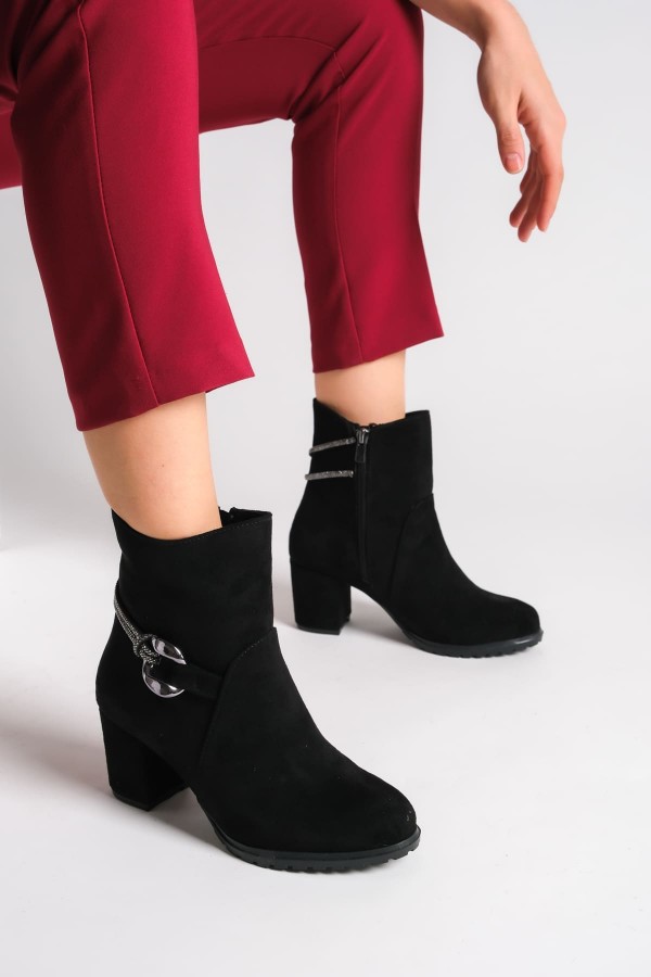 EDNA Fermuarlı Ortopedik Taban Taşlı Topuklu Süet Kadın Bot SST - Siyah