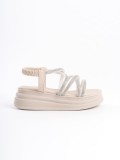 ELENA Lastikli Taşlı Şeritli Ortopedik Taban Kadın Sandalet  CKT - Krem
