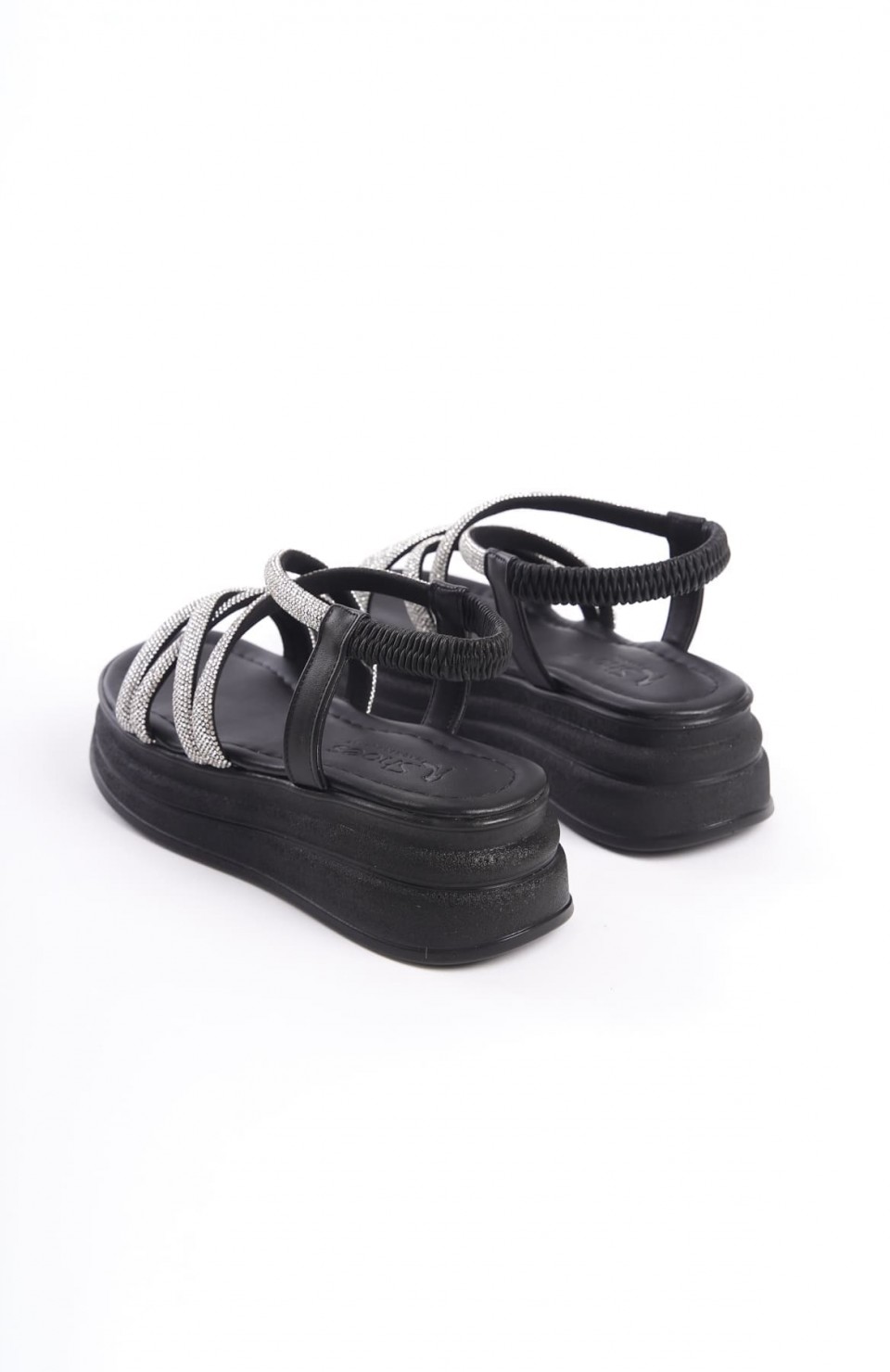 ELENA Lastikli Taşlı Şeritli Ortopedik Taban Kadın Sandalet CST - Siyah
