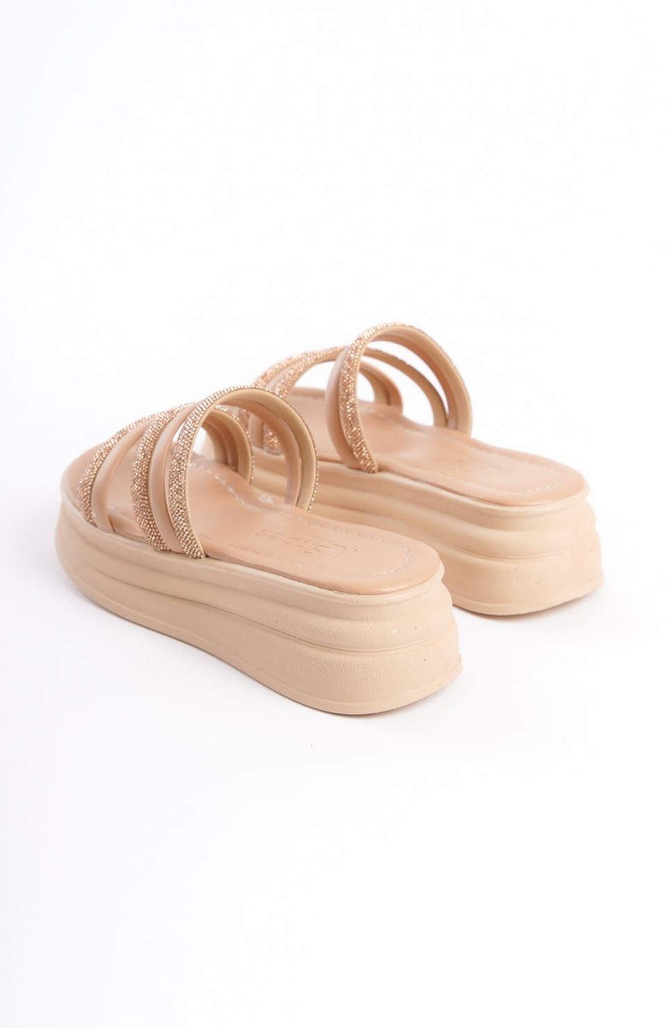 ELISE Düz Topuklu Şeritli Taşlı Kalın ve Ortopedik Taban Kadın Terlik  CTT - Ten