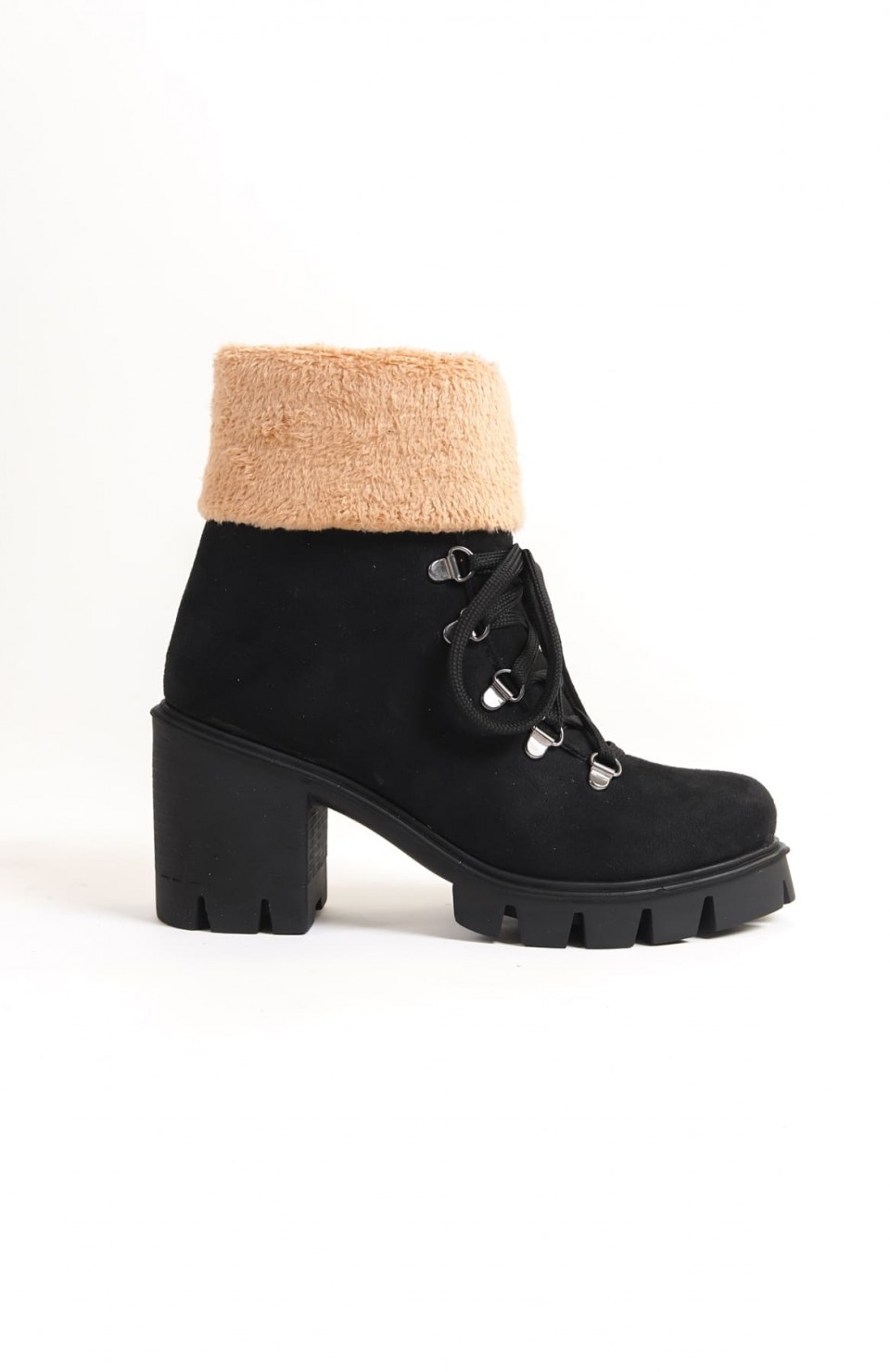 EMMA Bağcıklı Fermuarlı Ortopedik Taban Topuklu Kürk Detaylı Süet Kadın Bot SST - Siyah