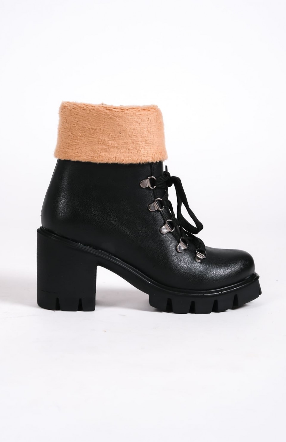 EMMA Bağcıklı Fermuarlı Ortopedik Taban Topuklu Kürk DetaylıKadın Bot  CST - Siyah