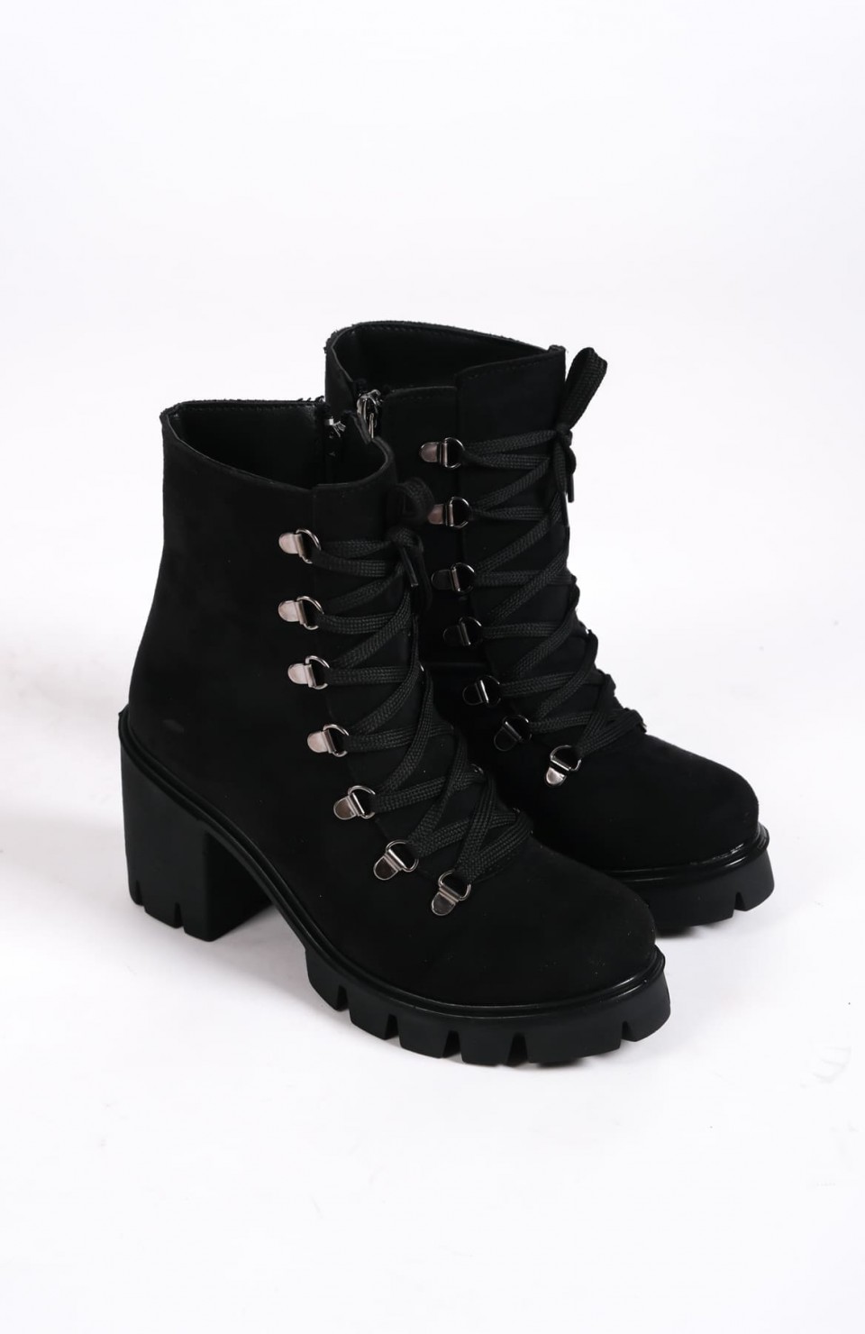 EMMA Bağcıklı Fermuarlı Ortopedik Taban Topuklu Süet Kadın Bot  SST - Siyah