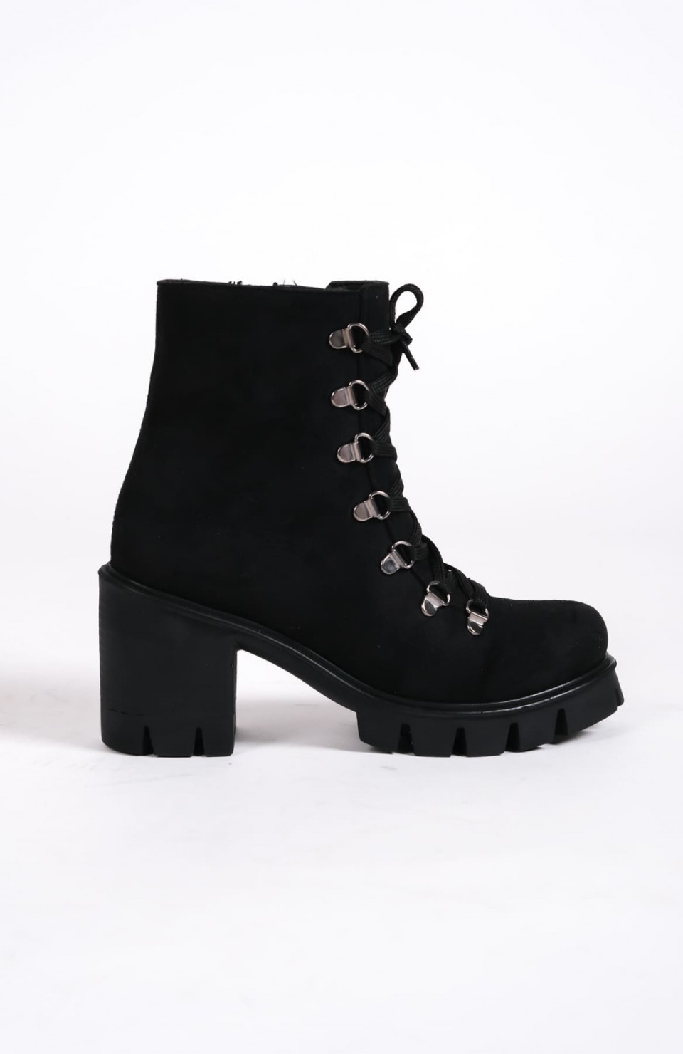 EMMA Bağcıklı Fermuarlı Ortopedik Taban Topuklu Süet Kadın Bot  SST - Siyah