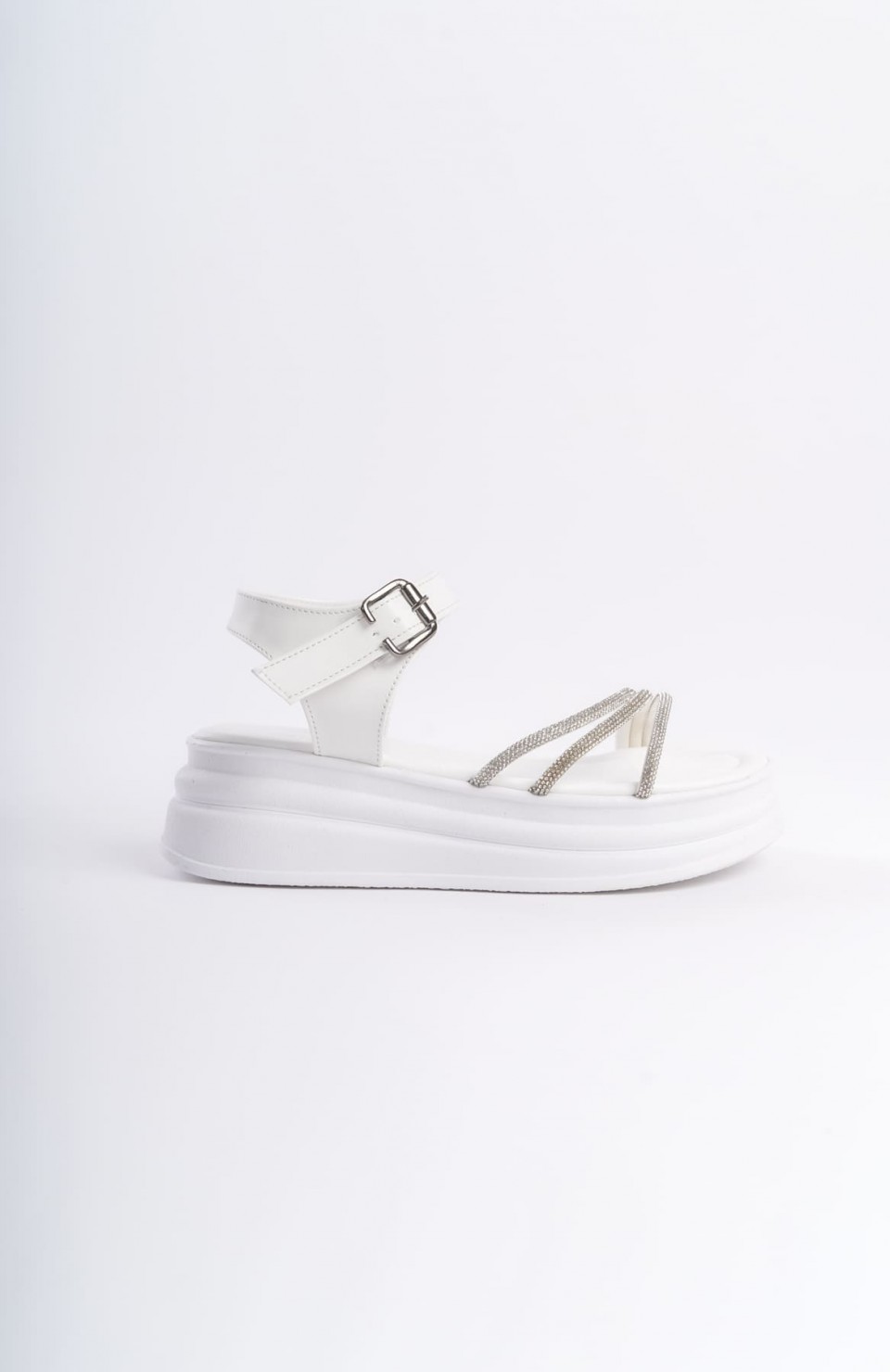 EVA Kalın Tokalı Taşlı Şeritli Ortopedik Taban Kadın Sandalet  CBT - Beyaz