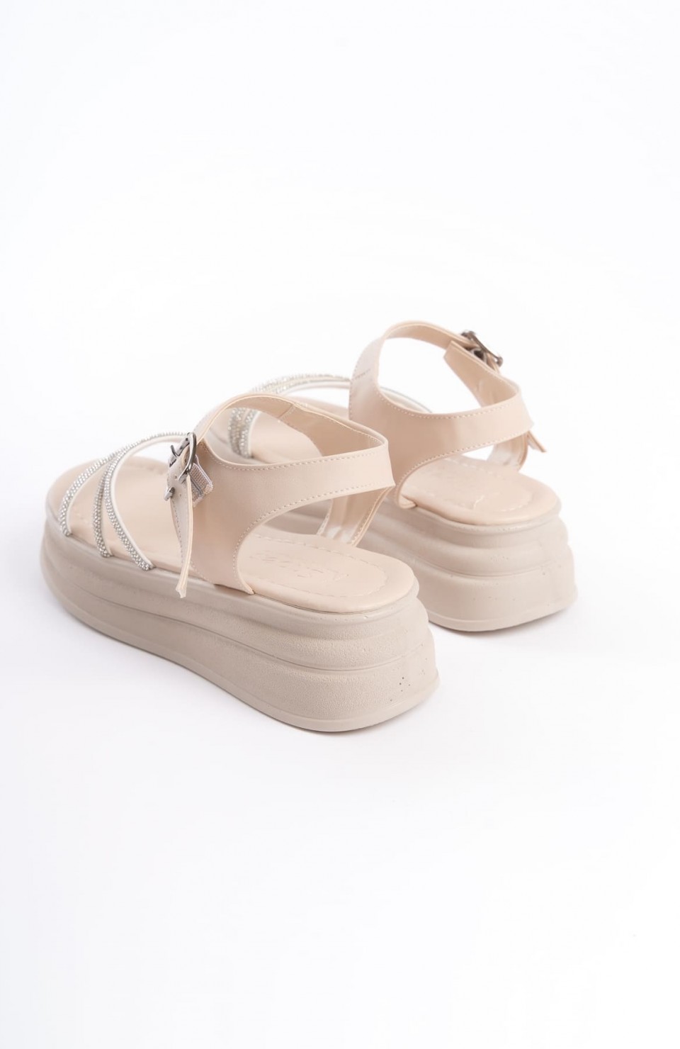 EVA Kalın Tokalı Taşlı Şeritli Ortopedik Taban Kadın Sandalet  CKT - Krem