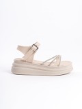EVA Kalın Tokalı Taşlı Şeritli Ortopedik Taban Kadın Sandalet  CKT - Krem
