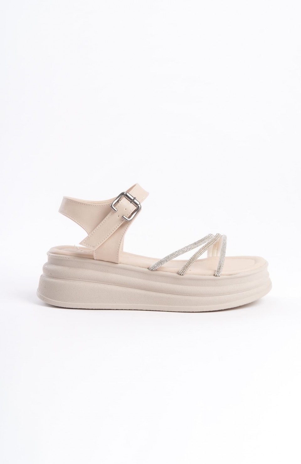 EVA Kalın Tokalı Taşlı Şeritli Ortopedik Taban Kadın Sandalet  CKT - Krem